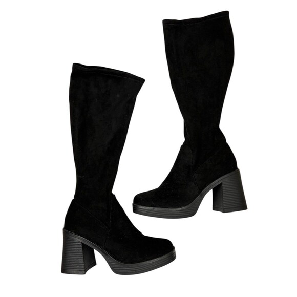 Vintage 90s Y2K Bratz Chunky Block Heel Tall Boots Black Sz 10 Pull On Stretch - Picture 1 of 7